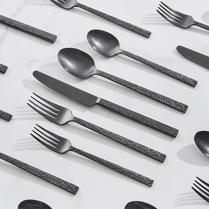 KINGSTONE 20 Pcs Black Hammered Silverware Set for 4 18/10 Stainless Steel Heavy Duty Flatware Set Tableware Cutlery Utensil Sets for Home Restaurant Dishwasher Safe