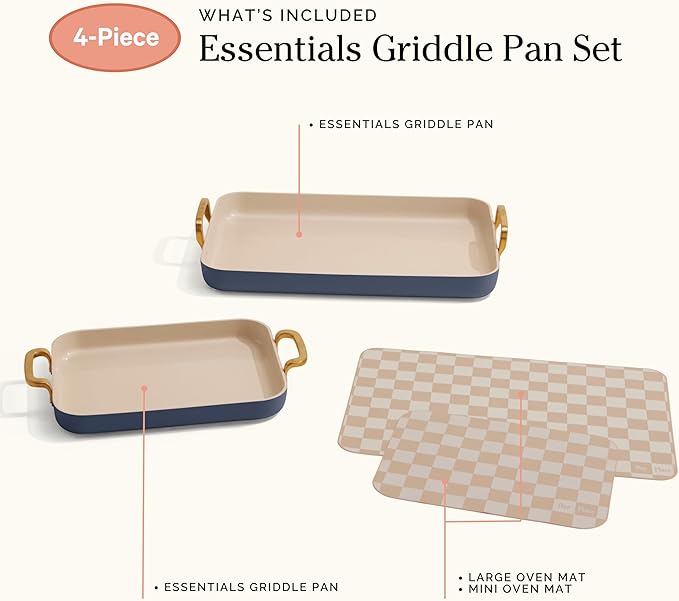 Our Place Essentials 4-Piece Griddle Pan Set | Nonstick Griddle Standard &amp Mini with Reusable Silicone Oven Mats | Thermakind™ PFAS-Free Nonstick Oven Safe Stovetop to Oven Versatility | Blue Sa
