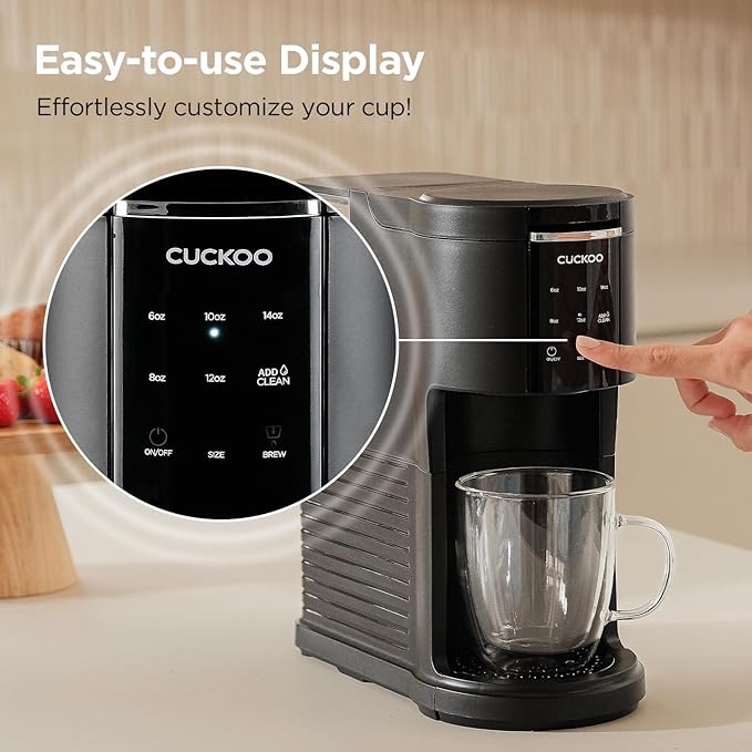CUCKOO Single Serve Coffee Maker for K-Cup Ground Beans &amp Loose-Leaf Tea Versatile 3-in-1 Pod Coffee Maker Small Single Cup Machine with 5 Sizes and Auto-Clean Mode (CCM-AK011B)