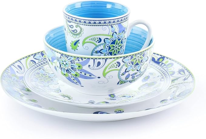 Blue Fiesta 16 Piece Porcelain Dinnerware Set – Round Mandala Plates Bowls &amp Mugs in Vibrant Blue and Green – Microwave &amp Dishwasher Safe Tableware for 4