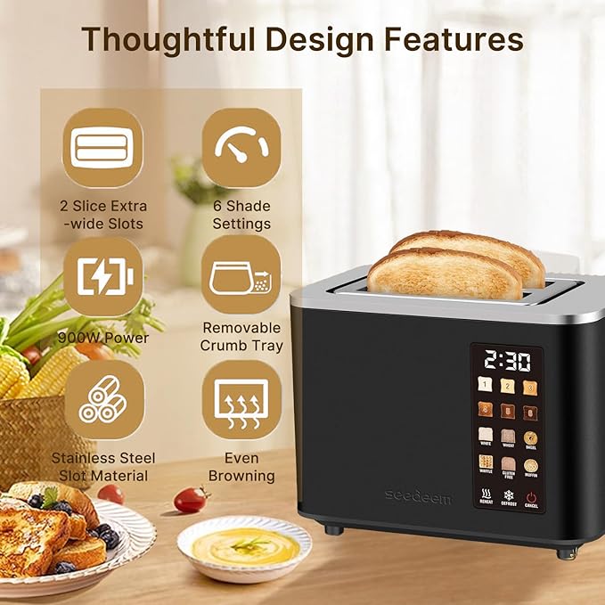 2-Slice Toaster with Touch Control 6 Shade Settings &amp 6 Bread Type 900W Removable Crumb Tray Countdown Display Smart Stainless Steel Design Black