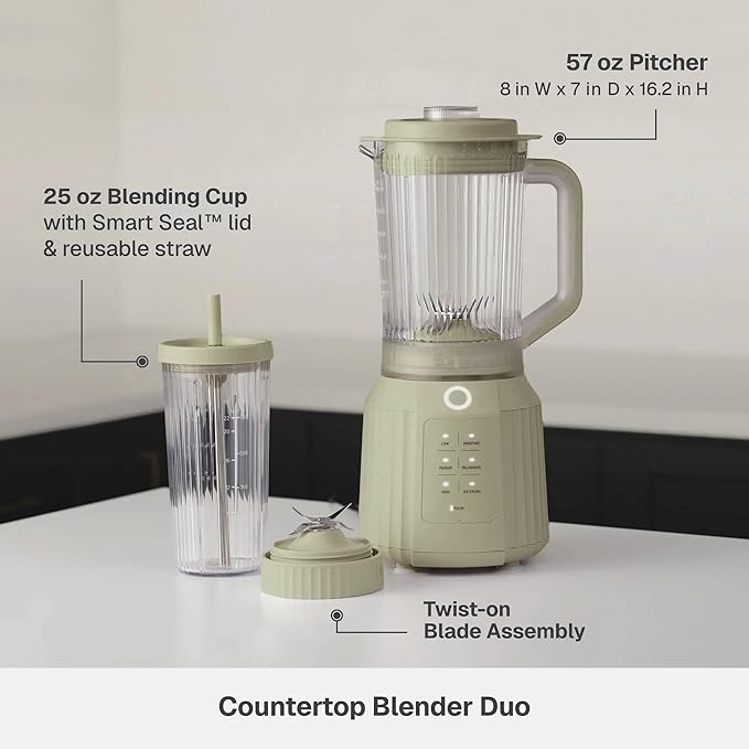 Countertop Blender with Pitcher and To-Go Cup 1100W High-Power Blender Stainless Steel Blade Multiple Speed Settings (Eucalyptus Green)