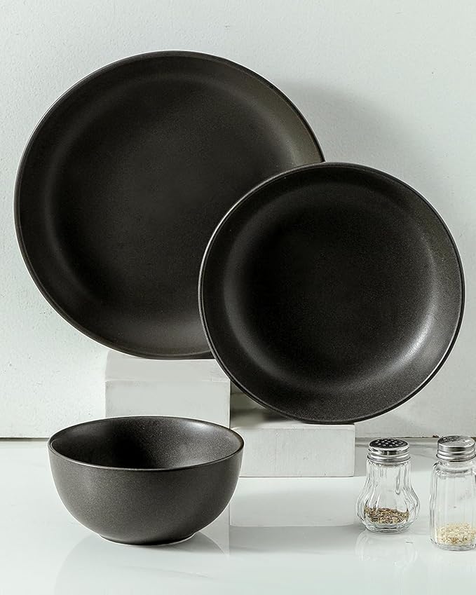3 Piece Dinnerware Set Stoneware Plate and Bowl Set Ceramic Serveware Set Scratch Resistant Dishwasher &amp Microwave Safe Matte Black