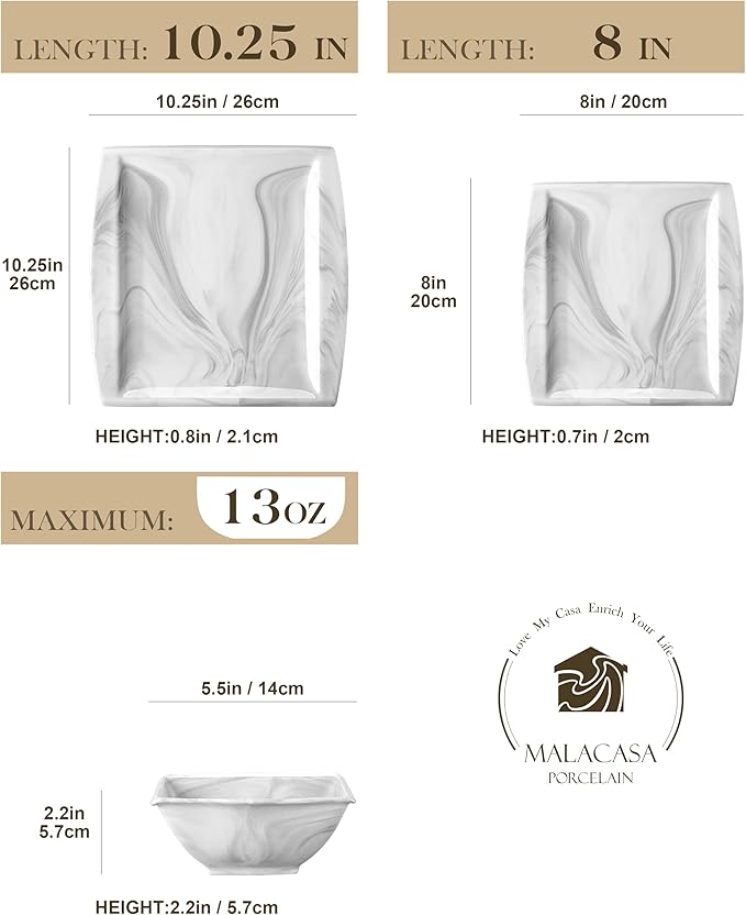 MALACASA Plates and Bowls Sets 12-Piece Porcelain Dinnerware Sets for 4 Square Plates and Bowls for Dessert Salad and Soup Ceramic Dishes Dining Dishware Set Marble Grey Series Blance