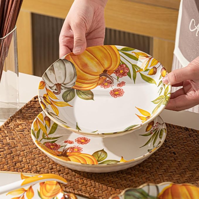 24-piece pumpkin pattern plates and bowls set - microwave and oven safe kitchen plates and bowls set dishware sets for diningfall dinnerware