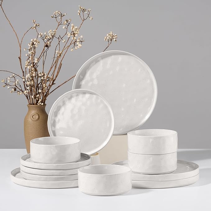 HaWare Dinnerware Sets 12-Piece Plates and Bowls Set Stoneware Dish Set for 4 Ceramic Dinnerware for Home Restaurant Chip and Scratch Resistant Microwave and Dishwasher Safe Speckled White