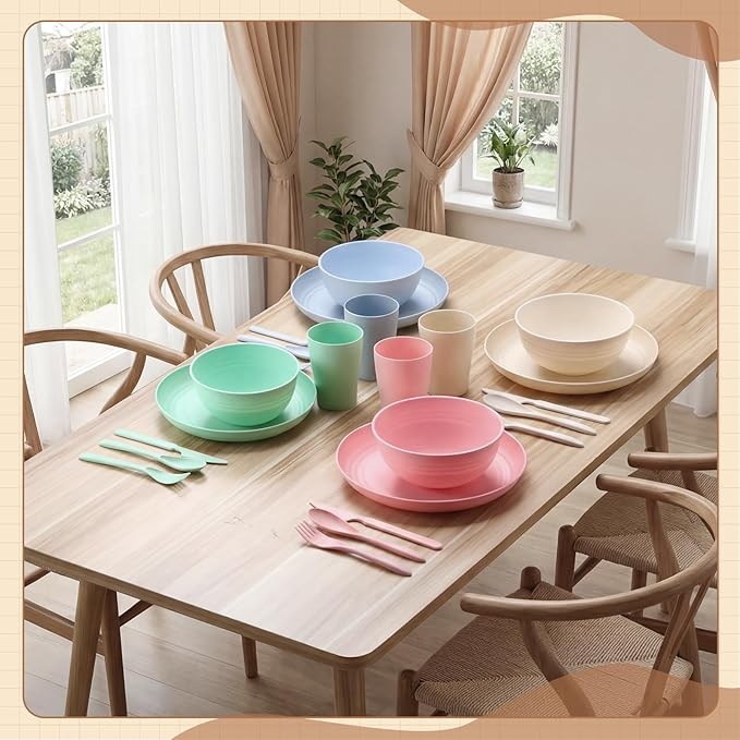 Zhehao 72 Pcs Wheat Straw Dinnerware Sets for 12 Dishwasher Microwave Safe Unbreakable Reusable Kitchen Cups Plates Bowls Cultery Sets for Patio Outdoors Rv Camping Dishes