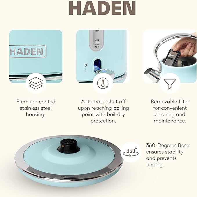 Haden Heritage 4 Slice Wide Slot Stainless Steel Toaster Bundled with 1.7 Liter Stainless Steel Electric Water Kettle Turquoise &amp Chrome