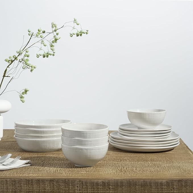Famiware Moonlight Plates and Bowls Sets 12 Pieces Stoneware Dinnerware Sets with Linen Finish Handmade Dishware Set for 4 Microwave and Dishwasher Safe Chip and Scratch Resistant White