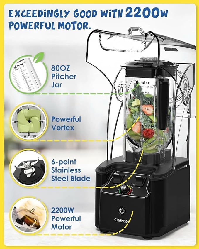 CRANDDI Commercial Quiet Blender 2200 Watt Professional Countertop Blender with 80oz Pitcher Built-in Pulse &amp 15-speeds Control Smoothie Blender for Commercial and Home K90 Black