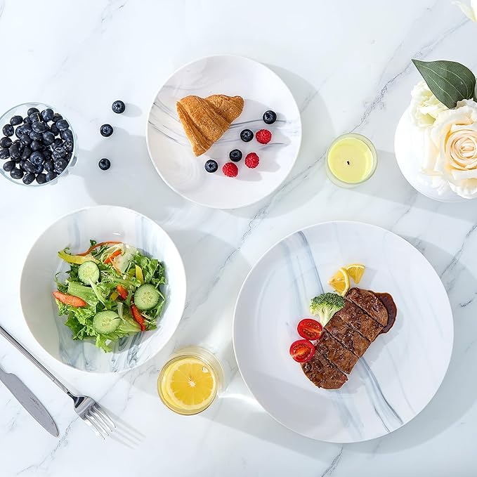 Bestone 12-Piece Round Kitchen Dinnerware Set Plates Bowls Service for 4 Blue and White Marble