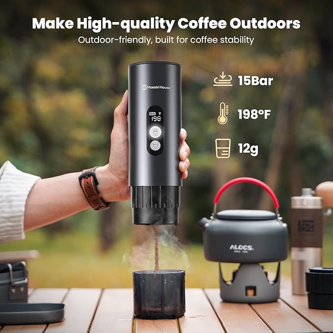 Maestri House 150W Espresso Maker with 2-3 Min Fast Self-Heating Portable Travel Espresso Coffee Machine with Small Tea Cup Also Holder for NS Capsule &amp Ground Coffee for Car Camping RV Hiking