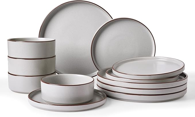Famiware Nebula Ridge Stoneware Dinnerware Sets Plates and Bowls Sets for 4 12 Pieces Dishes Set Microwave and Dishwasher Safe Kitchen Plates Light Gray