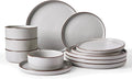 Famiware Nebula Ridge Stoneware Dinnerware Sets Plates and Bowls Sets for 4 12 Pieces Dishes Set Microwave and Dishwasher Safe Kitchen Plates Light Gray