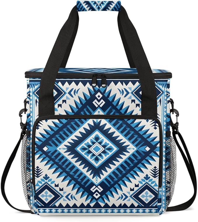 Blue Geometry Aztec Coffee Maker Carrying Bag Portable Travel Storage Tote Bag Compatible with K-Mini or K-Mini Plus Single Serve Coffee Brewer Carrying Case with Multiple Pockets &amp Shoulder Str