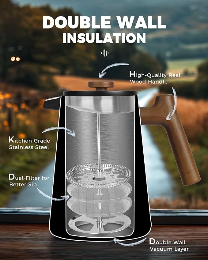 POLIVIAR French Press Coffee Maker 34 oz Coffee Press with Real Wood Handle Double Wall Insulation &amp Dual-Filter Screen Food Grade Stainless Steel for Good Coffe and Tea JX2025-XFPB