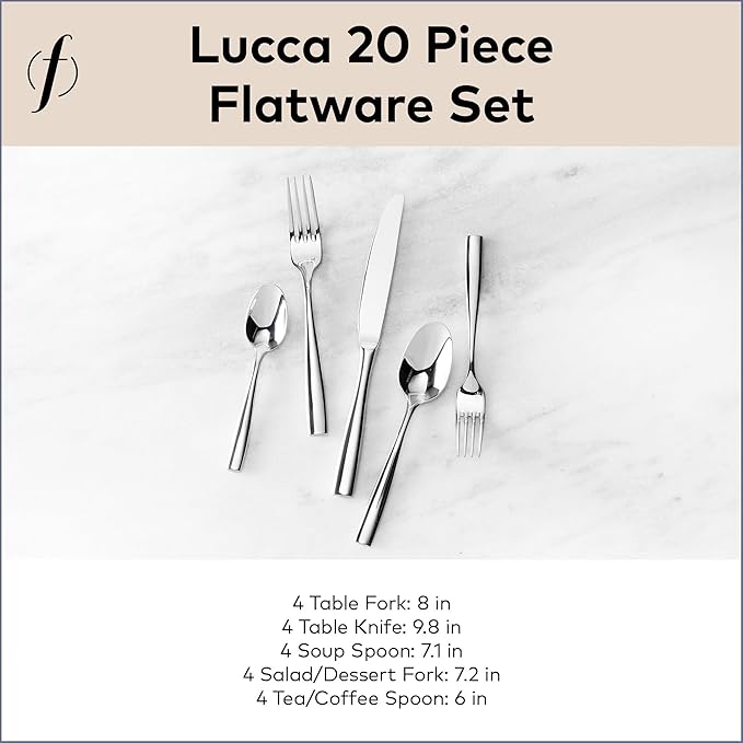 FORTESSA Lucca 18/10 Stainless Steel Flatware 20 Piece Place Setting With Table Knives Forks and Spoons (Service For 4) Dishwasher Safe Polished