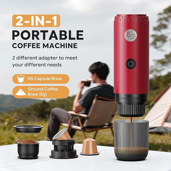 Portable Espresso Machine Travel Coffee Maker for Camping Car Coffee Maker Self-Heating with USB-C 20 Bar 2-in-1 Electric Coffee Maker With Ground Coffee &amp NS Capsule for RV Hiking Office(Whi