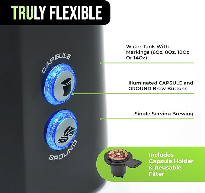 Tru Single Serve Brew System by Select Brands - Single Cup Coffee Maker Using Coffee Capsules or Grounds - Features Removable Drip Tray &amp One-Touch Controls - 14 Fluid Ounces