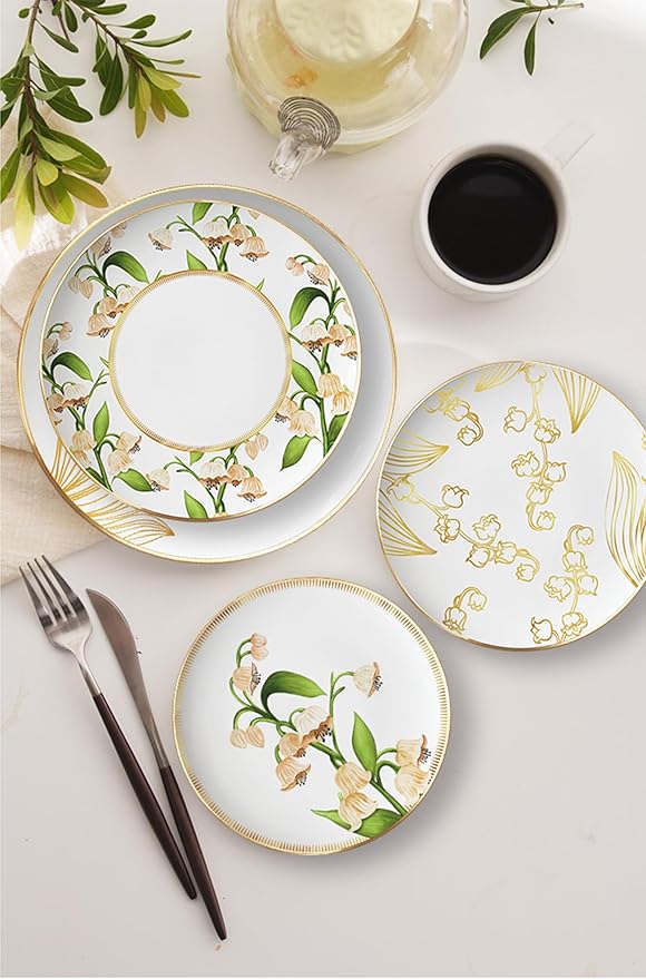 Romantic Bone China Dinnerware Sets Service for 6Delicate afternoon tea Dinnerware SetSteak Dinner Plates Dish Set Includes coffee cupIntegrates the nature lily of the valley