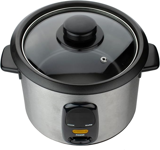 8-Cup &amp 5-Cup Rice Cooker and Steamer with Non-Stick Pot – One-Touch Electric Rice Maker with Auto-Warming Glass Lid &amp Measuring Cup – Silver and Black (8 Cups)