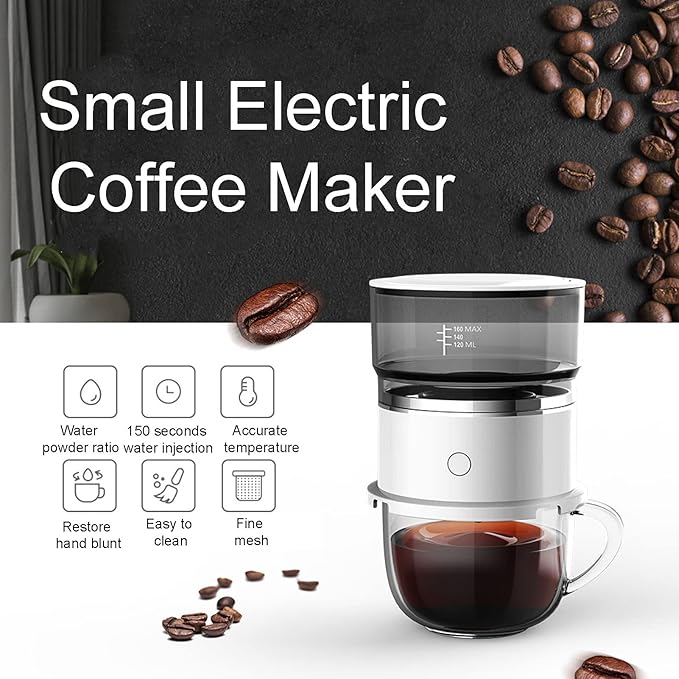 Asixxsix Mini Drip Coffee Maker ABS Stainless Steel Automatic Hand Brewing Portable Reusable Pour Over Coffee Maker Single Serve Coffee Brewer for Travel Car Home Office 120 Milliliters White