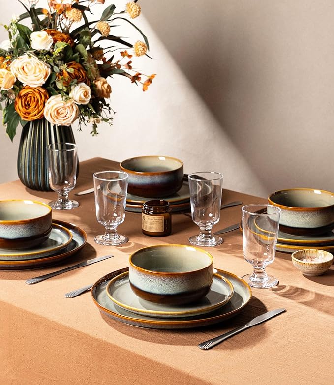 TheTerra Ceramic Dinnerware Sets for 4 12 Pieces Handmade Reactive Glaze Plates and Bowls Set Scratch Resistant Dish Set Oven &amp Microwave &amp Dishwasher Safe Dusk Blue