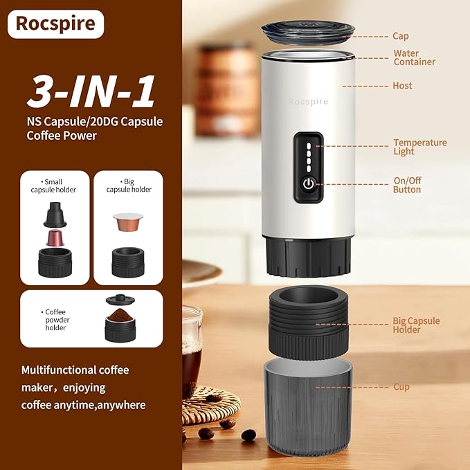 Portable Espresso Maker with Stainless Steel Body | 7500mAh Rechargeable Battery | 20 Bar Self-Heating with USB-C | Works with Most Capsules Compatible for Camping Travel Outdoor (White)