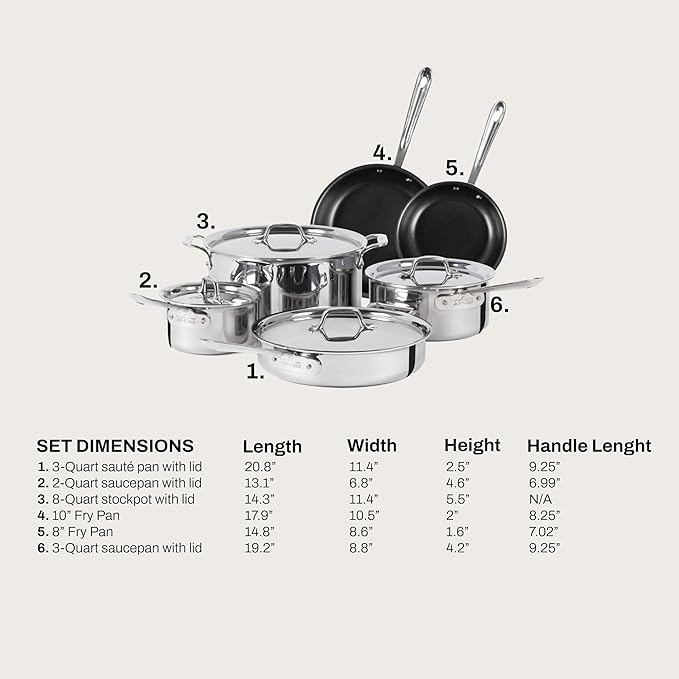 All-Clad D3 3 Ply Stainless Steel Nonstick Bonded Cookware Set 10 Piece Oven Broiler Safe 600F Kitchen Cooking Set w/Frying Pan Sauce Pan Saute Pan Stockpot Professional Pots &amp Pans Set Silv