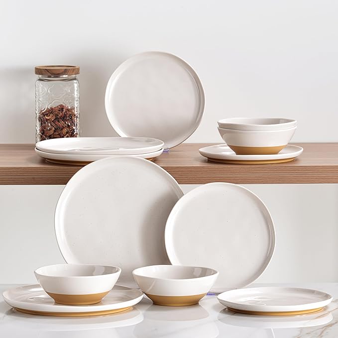 FINE&ampNICE Melamine Dinnerware Sets of 12 Pcs Kitchen Plates and Bowls Set for 4 Unbreakable Dishware Sets for Patio RV and Camping Dishwasher Safe (White with Brown)