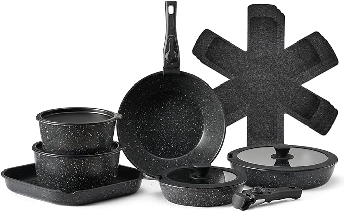 VEVOR 17 Piece Pots and Pans Set Granite Nonstick Detachable Handle Cookware Space Saving Induction Cookwares Kitchen RV Cooking Sets with Frying Sauce Saute Tempered Glass Lid Oven Safe Black