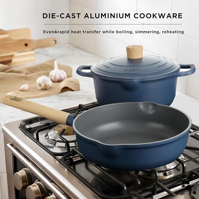 8Pcs Pots and Pans set Nonstick Cookware set Die-cast Aluminum cookware Kitchen Induction Pots and Pans cooking set Lid design PFOA-free Blue (blue 8Pcs)