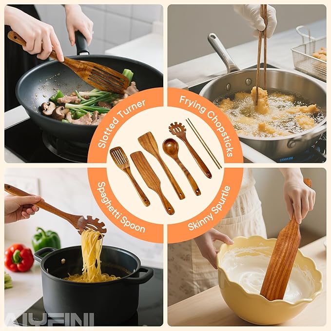 Non-Toxic Wooden Utensils for Cooking - Natural Acacia &amp Glue-Free15.4 Large Spatula Set Long Handle for Scald-Resistant Wood Kitchen Spoons/Chopsticks/Holder for Non Stick Frying Pans by ALY