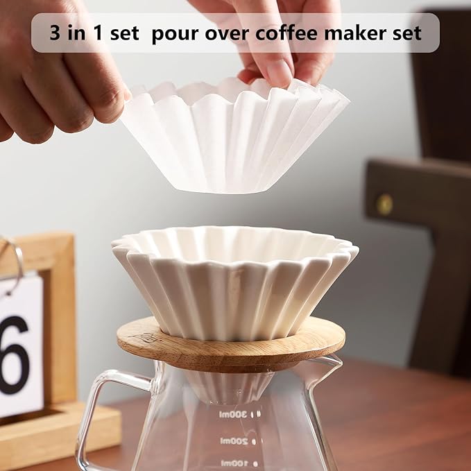 Bincoo 400ML Pour Over Coffee Maker Set with Filter PaperCeramic Pour Over Coffee Dripper 1-2 Cups-Professional Coffee Brewing Pot for Home Office(White)