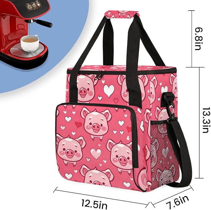 Pigs Love Hearts Coffee Maker Travel Bag for Keurig K-Mini/K-Mini Plus Insulated Waterproof Tote with Pockets for K-Cup Portable Single-Serve Brewer Case