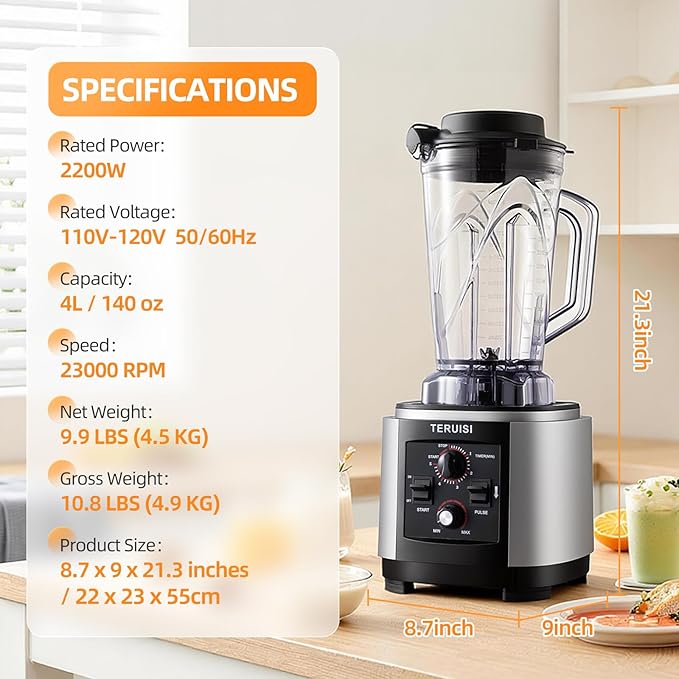 Commercial Blender 2200W 2.95 HP Professional Blender with Quiet PC Sound Enclosure 140 Oz / 4L Large Heavy Duty Blenders with 9 Speeds Timer Self-Cleaning 5 Presets For Shake and Smoothie