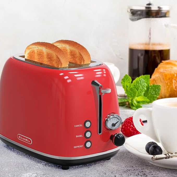 Toaster 2 sliceRetro Stainless Steel Toaster with 6 Settings 1.5 In Extra Wide Slots Bagel/Defrost/Cancel Function Removable Crumb Tray (Red)