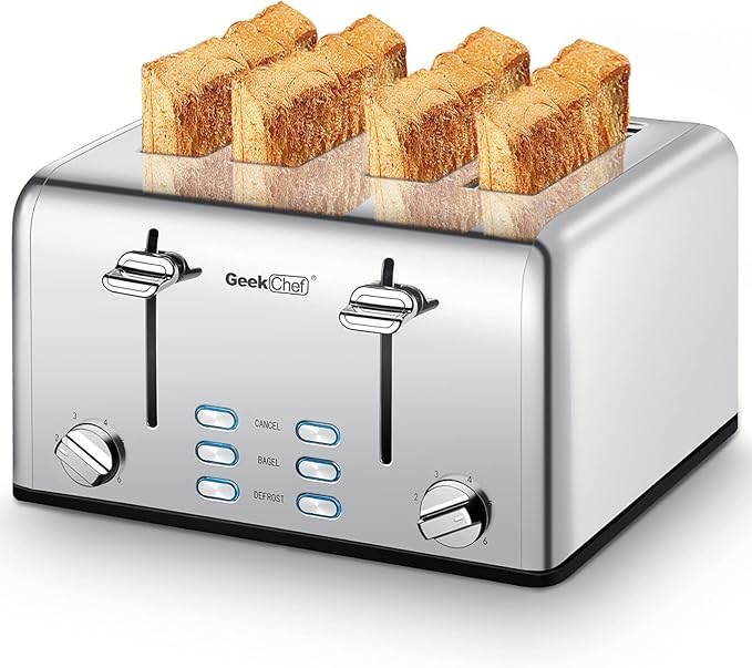 Toaster 4 Slice Geek Chef Stainless Steel Extra-Wide Slot Toaster with Dual Control Panels of Bagel/Defrost/Cancel Function 6 Toasting Bread Shade Settings Removable Crumb Trays Auto Pop-Up
