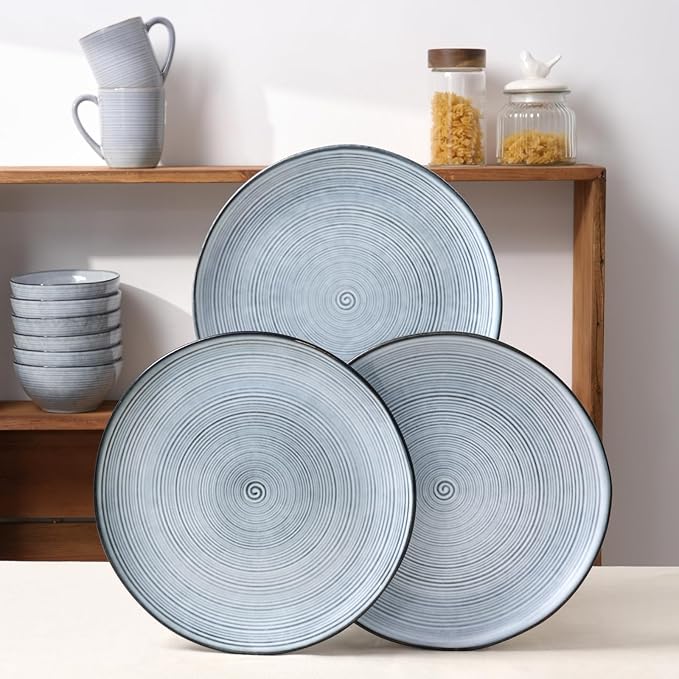 famiware Tempus Plates and Bowls Sets for 8 24 Pieces Stoneware Dinnerware Sets Dishes Set Reactive Glaze Dishware Sets Dishwasher &amp Microwave Safe - Pearl Blue