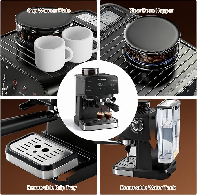 Elefor Espresso Machine 20 Bar Coffee Maker with grinder Black