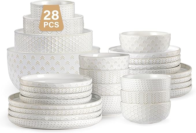 Lareina Dinnerware Sets 24 Piece Service for 8 with Large Mixing Bowls Set of 4 Vintage White