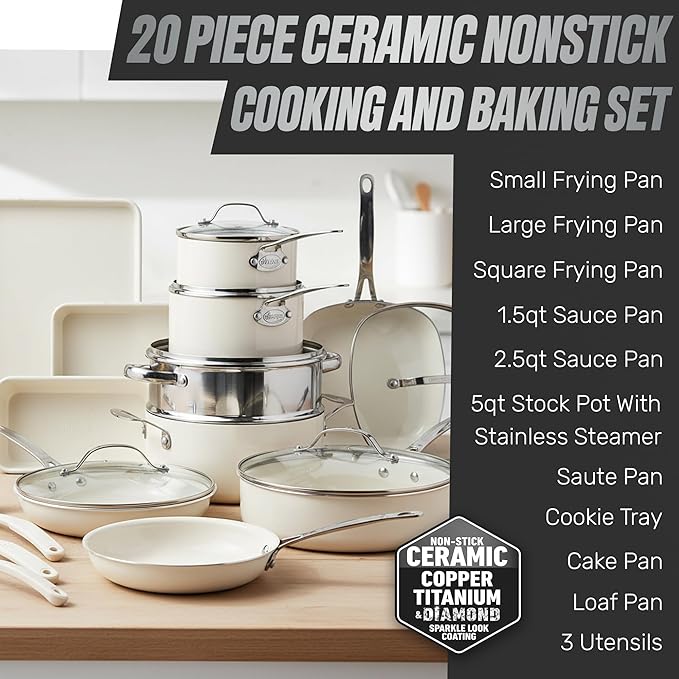 GOTHAM STEEL 20 Pc Ceramic Cookware Set Nonstick Ceramic Pots and Pans Set Non Stick for Kitchen with Bakeware Cooking Utensils &amp Steamer Non Toxic PFOA PFOS Free Oven &amp Dishwasher Safe