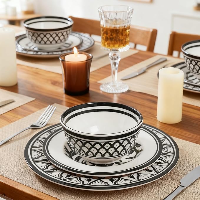 Melamine Dinnerware Sets-12pcs Melamine Plates and Bowls Set Unbreakable Dishwasher Safe Indoor Outdoor Use Ideals for Parties Camping Dish Set Black and White Pattern