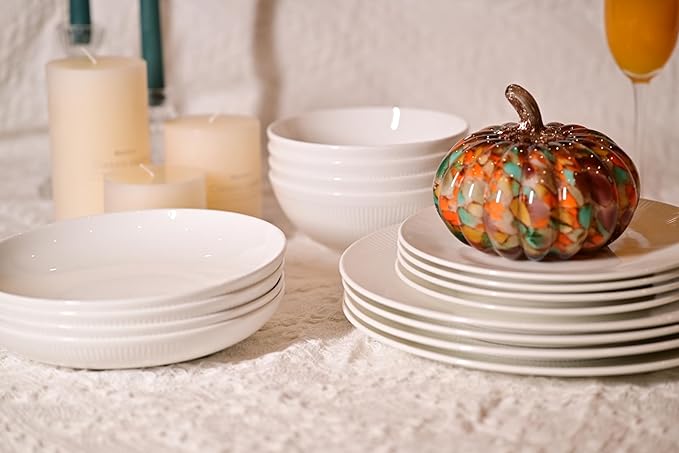 Dandilion Bone China Dinnerware Set 16 Pieces Service for 4 Plates Dishes Bowls Set Microwave and Dishwasher Safe Ivory White with Radial Lines
