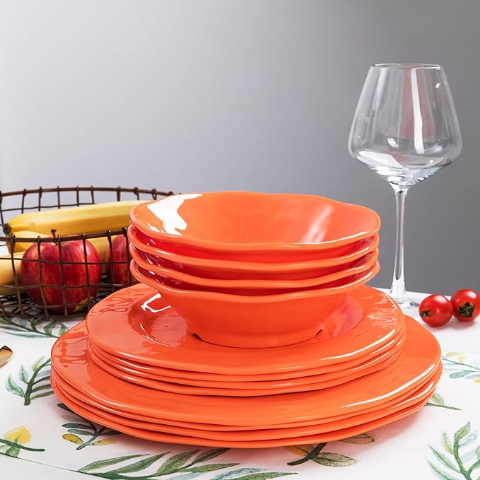 LEHAHA Orange Melamine Dinnerware Set 12 Piece Kitchen Tableware Plates Bowls Dishes Set Lightweight Unbreakable Dinnerware Set for 4 Dishwasher Safe and BPA free