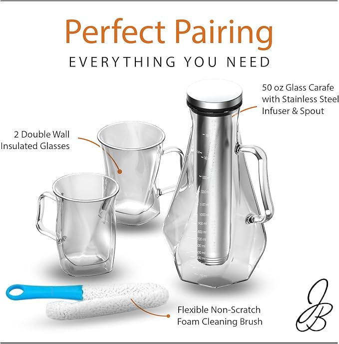James Bentley Complete Cold Brew Coffee Set – Cold Brew Coffee Maker Glass for Hot and Cool Drinks Fridge Friendly — Glass Carafe Stainless Steel Infuser Double Wall Cups x2 &amp Cleaning Brush