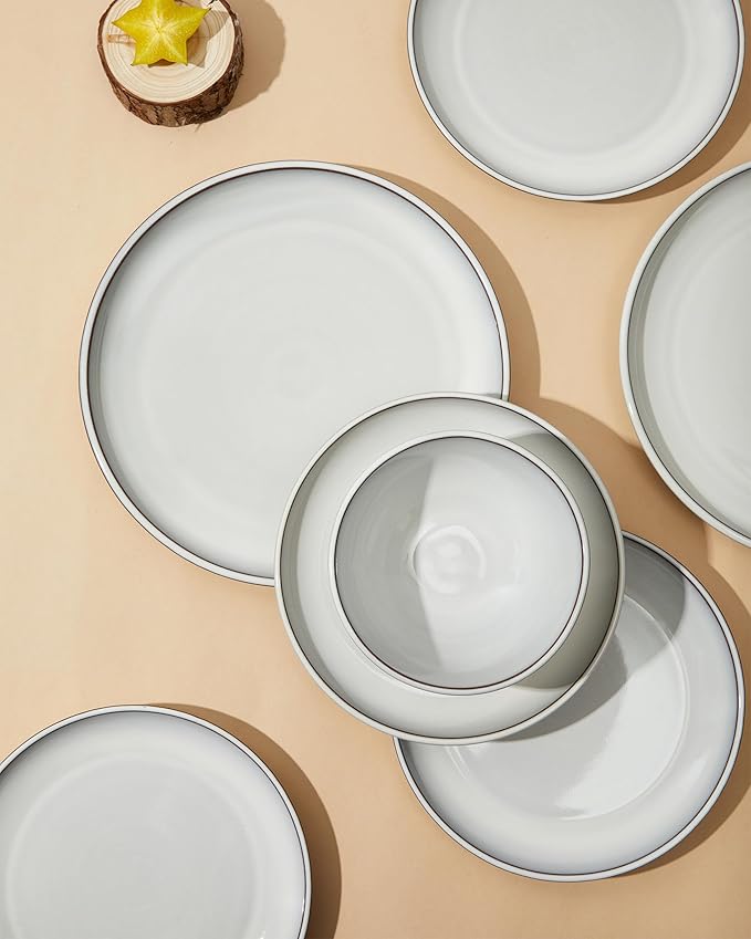 18 Piece White Stoneware Dinnerware Set for 6 Santorini Mist Terracotta Plates and Bowls with Reactive Glaze Microwave &amp Dishwasher Safe Aesthetic Ceramic Dishes for Family Meals &amp Hosting