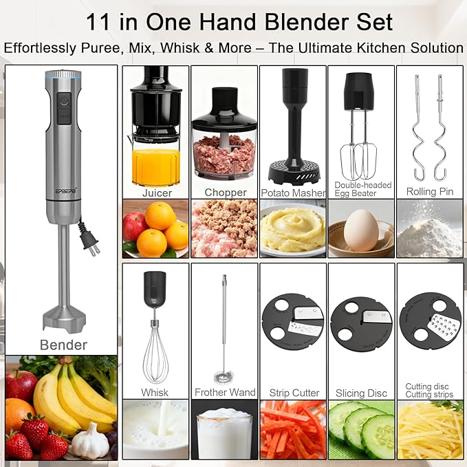 Handheld Immersion Blender Bundle 1000W Powerful 11-in-1 Set for SmoothiesOrange JuicerMinced meatMilk frotherEgg Beater Dough Hook Vegetable Chopper Potato Masher
