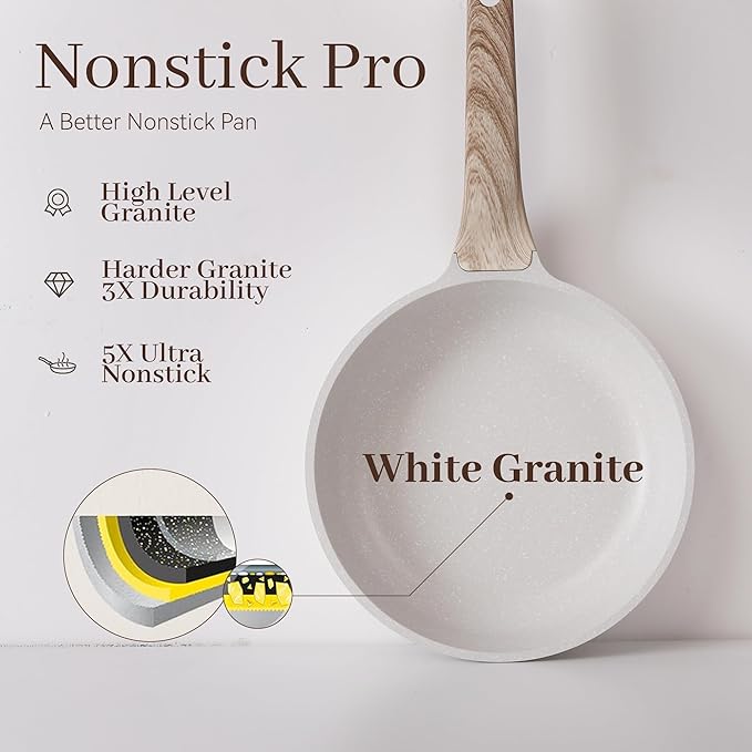 13-Piece Nonstick Pots and Pans Set – Granite Stone Kitchen Cookware Set PFOA-Free – Includes Frying Pans Saucepans Sauté Pan – Induction Compatible White