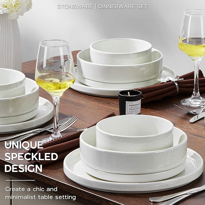 Stoneware Dinnerware Sets for 2 Onader Speckled Plates and Bowls 8 Pieces Ceramic Dish Dinner Set with Pasta Bowl Microwave &amp Dishwasher Safe - Cloud White